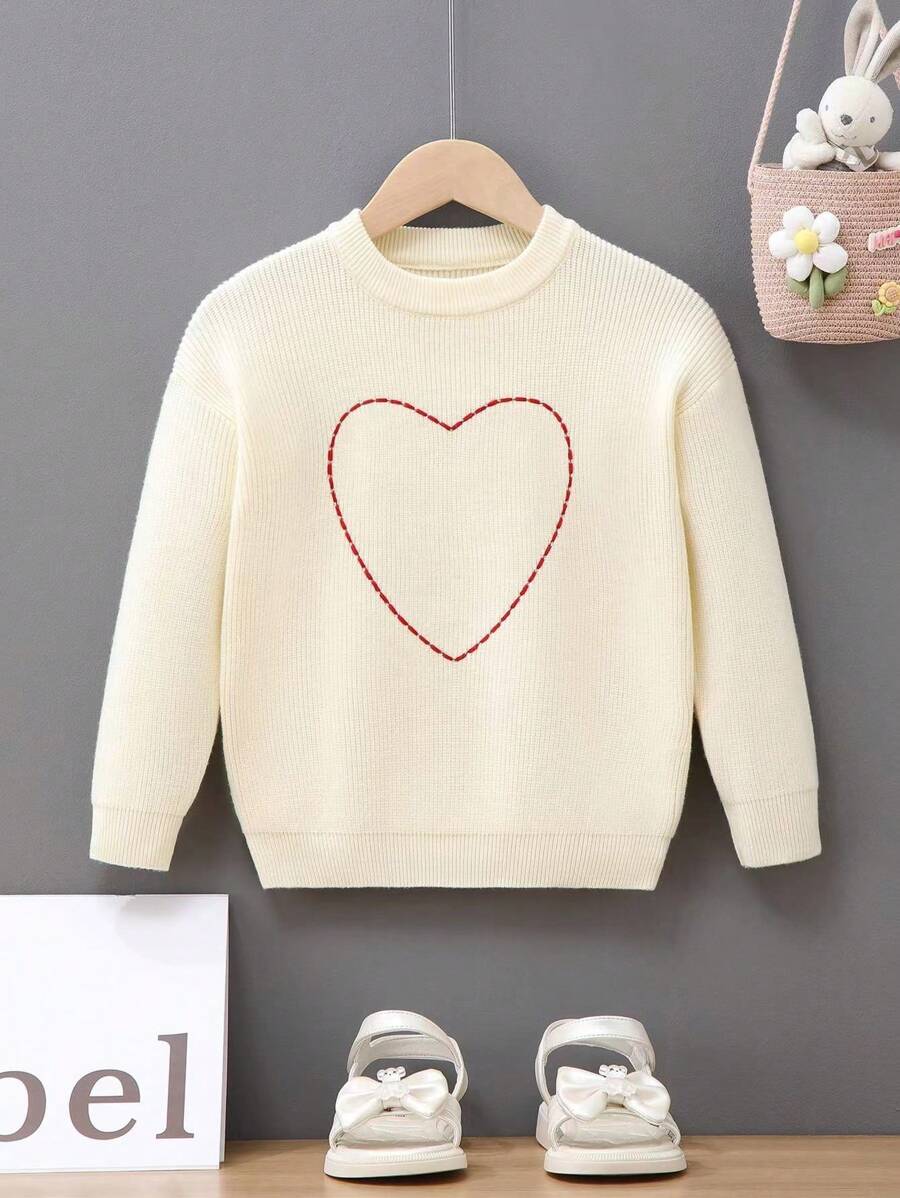 SHEIN Young Girl Heart Pattern Drop Shoulder Sweater - Beige - View 1