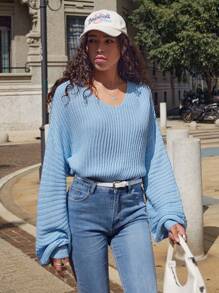 SHEIN MOOSTA Pull col V épaule tombante, Top manches longues tricoté, automne hiver - Bleu azur - Voir 3