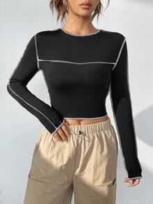 SHEIN EZwear Khâu trên cùng Áo phông Crop - màu đen - Xem 5
