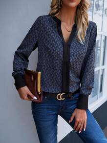 SHEIN LUNE Allover Print Notched Neckline Contrast Trim Blouse - Grey - View 1