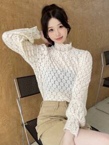 DAZY 1 chiếc áo ren cổ tròn trơn, quần áo mùa thu - Màu be - Xem 3