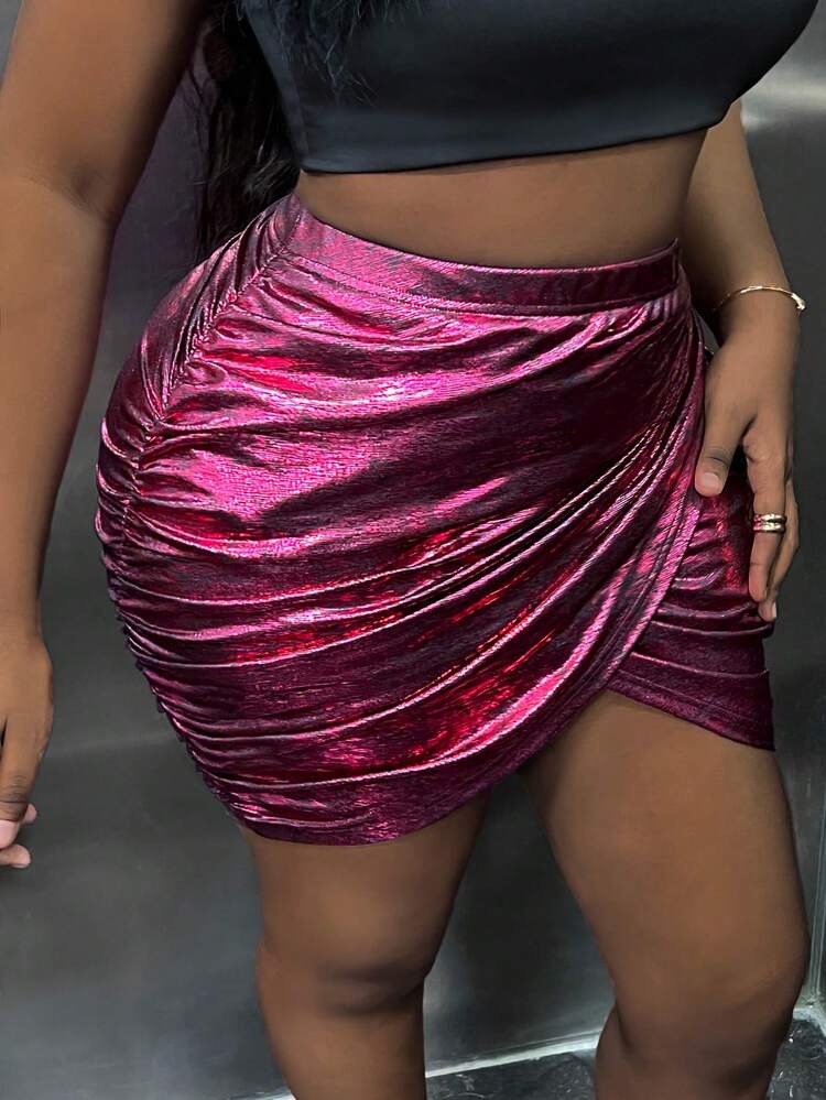 Plus Wrap Hem Metallic Bodycon Skirt