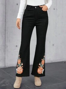 EMERY ROSE Mature Denim 花卉刺繡牛仔喇叭褲 - 黑色 - 查看 1