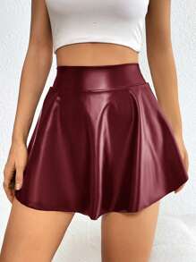 SHEIN Essnce Boho Skorts For Women Western Wear Women Metallic Silver Inner Pocket Shorts Women's Solid Color Elastic Waist Skirt Shorts With Pockets - Burgundy - View 4