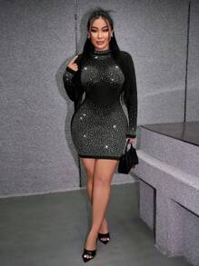SHEIN SXY Plus Size Women's Rhinestone Decor Stand Collar Bodycon Long Sleeve Party Dress