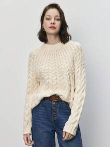 SHEIN Frenchy Solid Cable Knit Raglan Sleeve Sweater Winter Casual - Beige - View 1