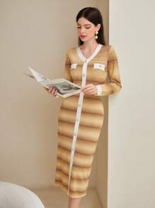 Seusyu Striped Pattern Button Front Sweater Dress Fall Cloth For Women - Multicolor - View 1