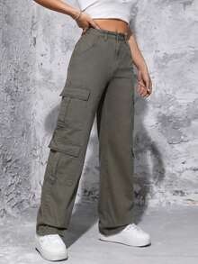 SHEIN PETITE 素色翻蓋口袋牛仔褲 - 軍綠色 - 查看 4