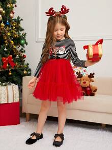 SHEIN Young Girl Knitted Striped Christmas Pattern Patchwork Woven Mesh Dress - Mommy And Me Matching Outfits, 2 Pieces Sold Separately - Multicolor - View 6