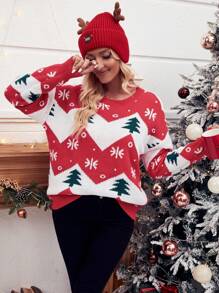 SHEIN Frenchy Christmas Pattern Drop Shoulder Sweater - Red - View 4