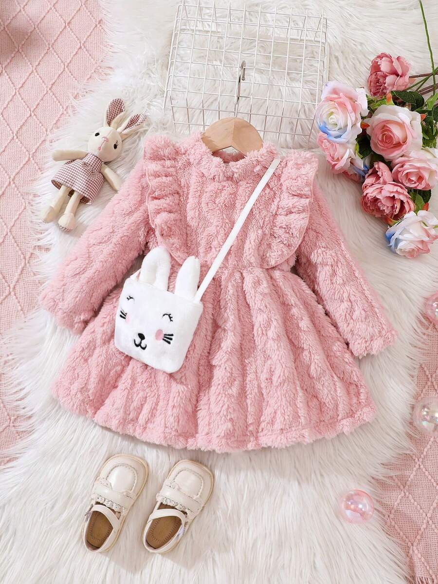 Bebé niña Vestido ribete con fruncido de peluche sin bolso - Rosa - Ver 1