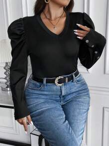 Flirla 大碼羊腿袖紐扣細節T恤 - 黑色 - 查看 4