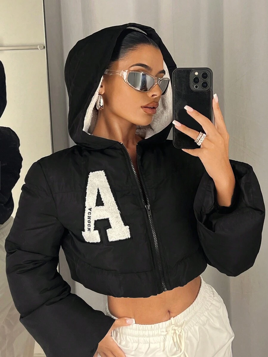 SHEIN ICON Áo khoác trùm đầu có đệm hình chữ vá - màu đen - Xem 1