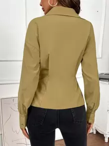 Chiquease Solid Button Front Shirt - Khaki - View 2