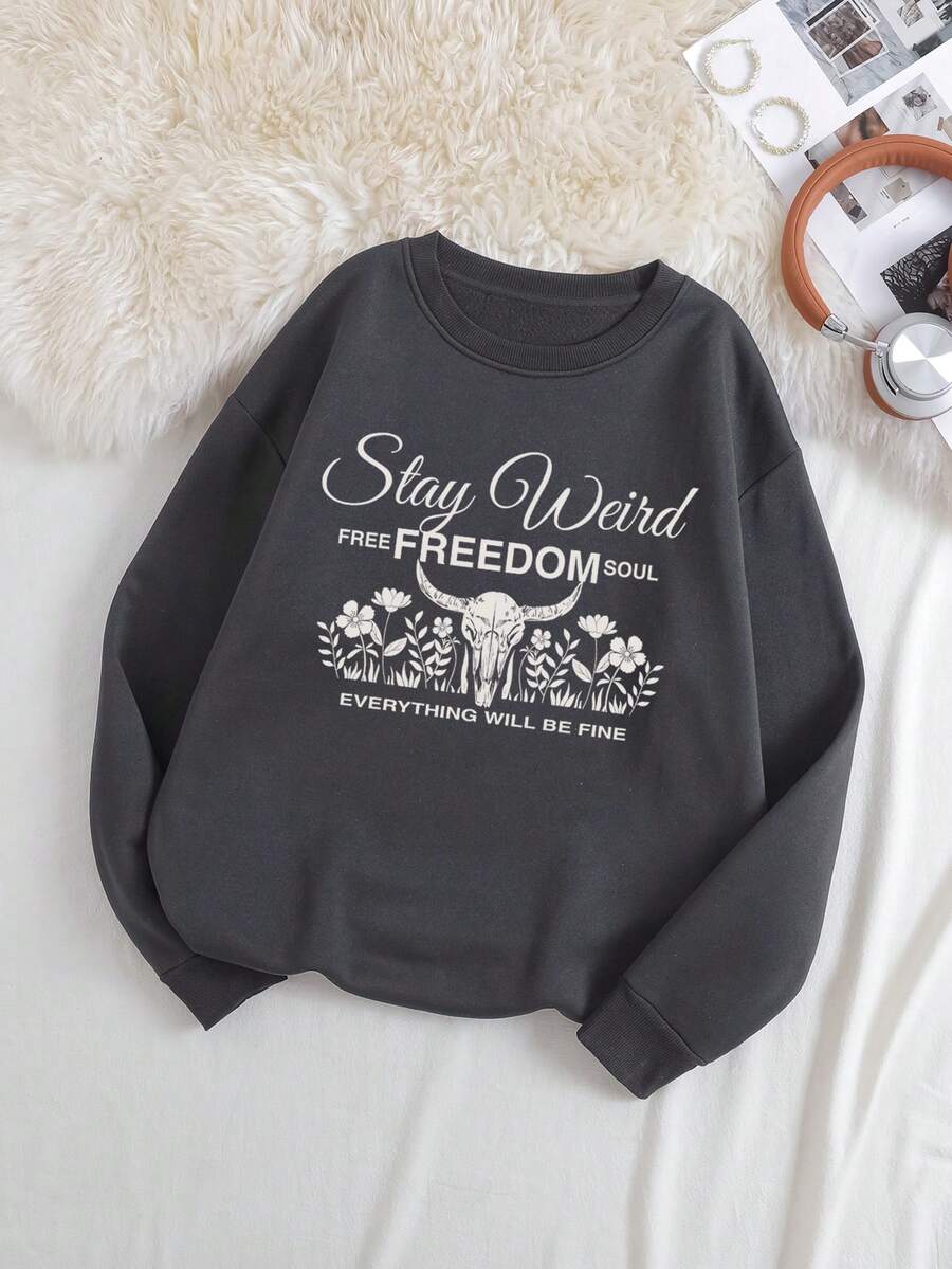 SHEIN EZwear 標語和花卉圖案加絨內裏運動衫 - 深灰色 - 查看 1