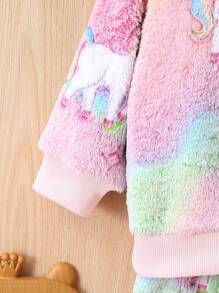 Baby Girl Unicorn Embroidery Teddy Sweatshirt & Pants - Pink - View 6