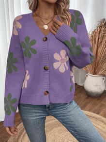 SHEIN Unity Mô hình hoa Thả vai Áo len Mở - Màu tím - Xem 3