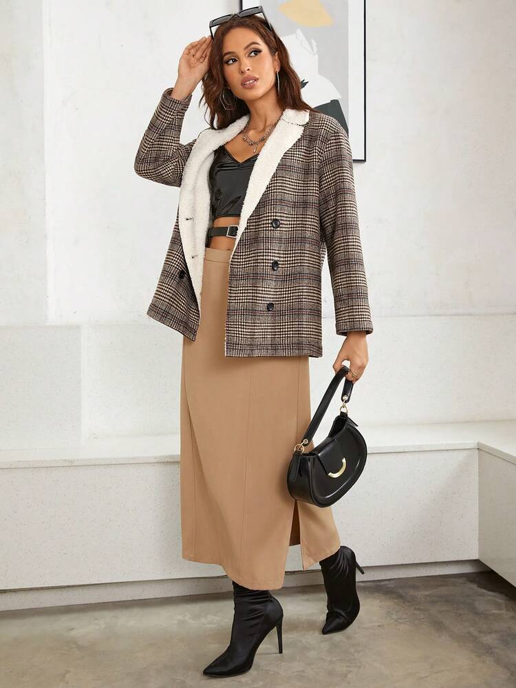 Plaid Print Double Breasted Teddy Lined Coat
