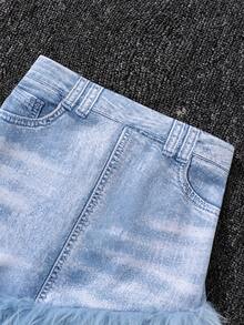 SHEIN 女小童毛茸邊不對稱下擺牛仔效果印花半身裙 - 藍色 - 查看 4