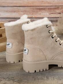 2025 Autumn/Winter New Fashionable Versatile Snow Boots, Fluffy Lining, Warm, Platform Design, Thickened Winter Shoes, Women Thick Sole Ankle Boots, Fashionable Side Zipper Fluffy Lining Boots, Comfortable Winter Short Boots,Fur Boots - Beige - View 4