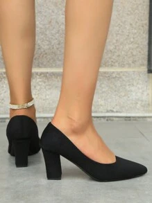 Black Point Toe Pumps, Chunky Heeled Court Pumps For Women - Black - View 4