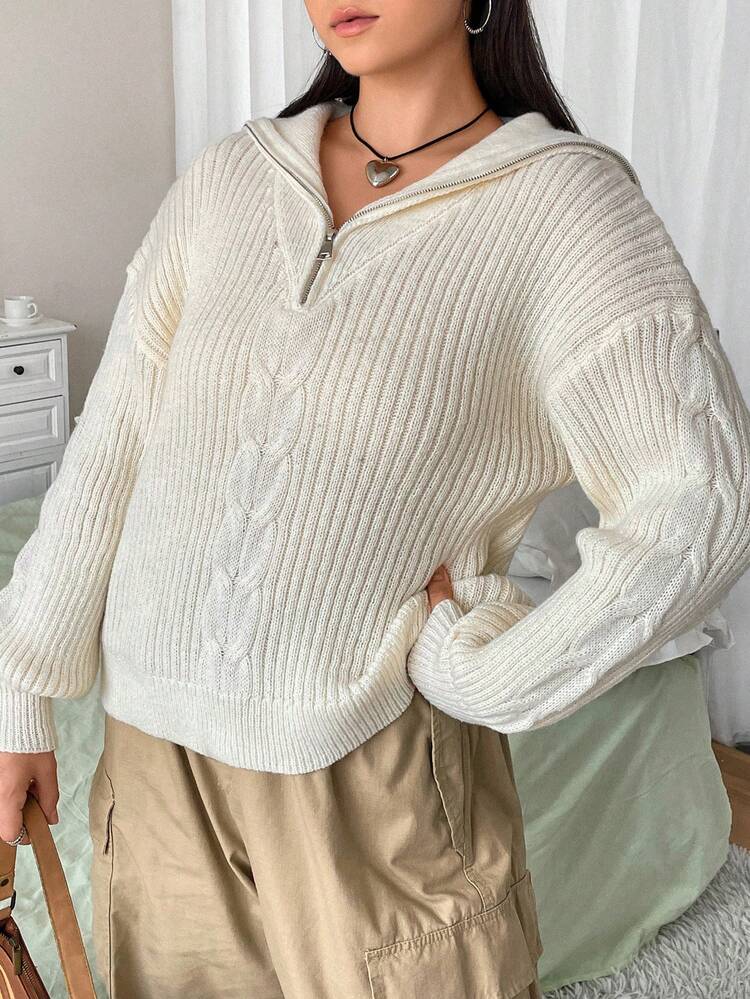 Plus Cable Knit Zip Detail Drop Shoulder Sweater Knit Pullover Fall Winter Sweater