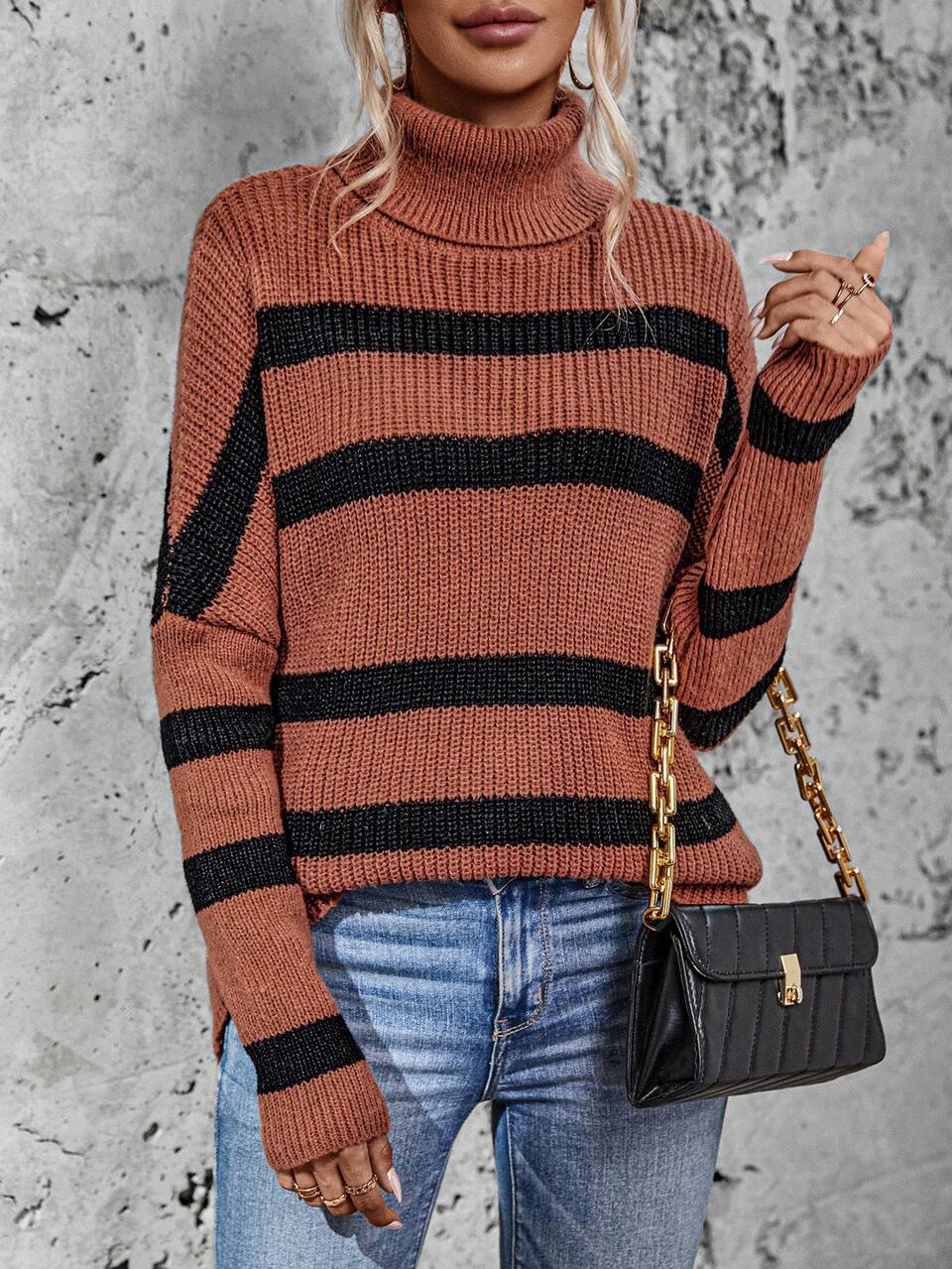 Striped Pattern Turtleneck Batwing Sleeve Knit Pullover Fall Winter Sweater