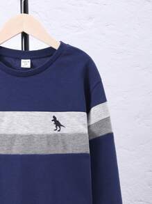 SHEIN 男大童恐龍印花撞色落肩袖運動衫 - 藏蓝色 - 查看 5