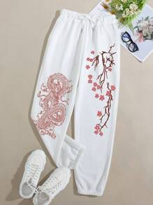 INAWLY Đồ họa rồng Trung Quốc Eo dây rút Quần thể thao - trắng - Xem 1