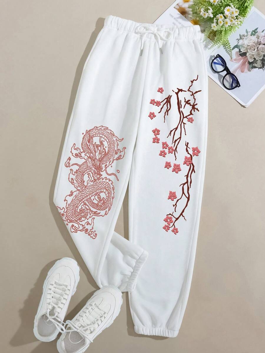 INAWLY Đồ họa rồng Trung Quốc Eo dây rút Quần thể thao - trắng - Xem 1