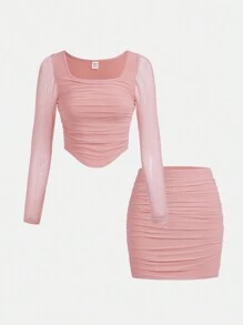 SHEIN Girlism Teen Girl Square Neck Ruched Mesh Top & Skirt