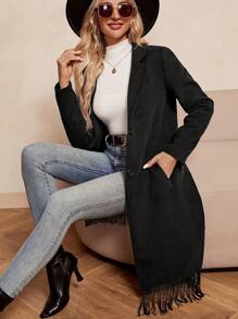 SHEIN Clasi Lapel Neck Fringe Hem Overcoat - Black - View 2