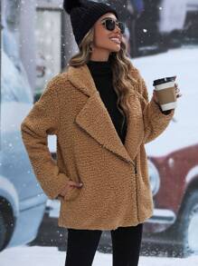 EMERY ROSE Abrigo teddy asimétrico con cremallera - Caqui - Ver 5