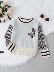 男小童格紋&熊圖案條紋飾邊套頭毛衣 - 彩色 - 查看 1