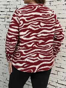 Celure 大碼斑馬條紋缺口領襯衫 - 酒紅色 - 查看 2