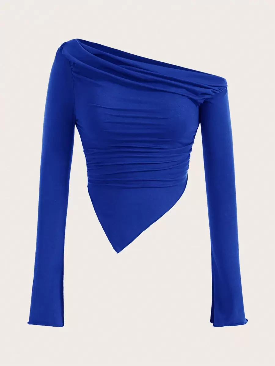 Sweetina Camiseta de cuello asimétrico fruncido bajo hanky - azul real - Ver 1