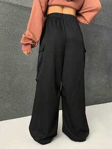 SHEIN EZwear 側翻蓋口袋抽繩下擺降落傘褲 - 黑色 - 查看 2