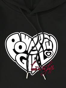 SHEIN EZwear Heart & Letter Graphic Kangaroo Pocket Drawstring Hoodie - Black - View 4