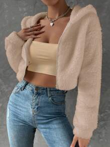 SHEIN EZwear Áo khoác nỉ crop top có mũ trùm đầu, kéo khóa vai thời trang thu/đông - Màu be - Xem 3