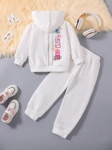 SHEIN 女小童字母圖案拉鏈連帽衫和運動褲 - 白色 - 查看 2