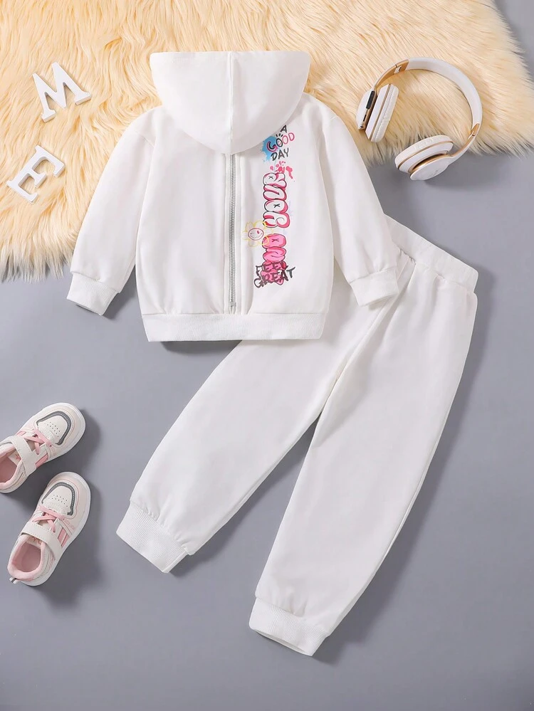 Young Girl Letter Graphic Zip Up Hoodie & Sweatpants