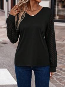 SHEIN Clasi Button Back Bishop Sleeve Top - Black - View 3