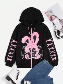SHEIN Coolane 卡通圖案落肩袖抽繩連帽衫 - 黑色 - 查看 1