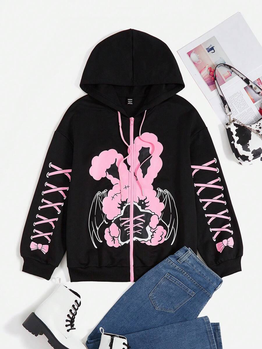 SHEIN Coolane 卡通圖案落肩袖抽繩連帽衫 - 黑色 - 查看 1