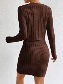 SHEIN Essnce Solid Button Front Cami Bodycon Dress & Jacket - Coffee Brown - View 2