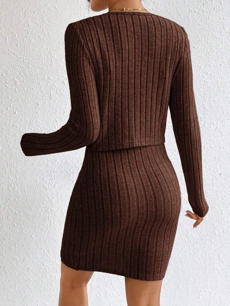 Solid Button Front Cami Bodycon Dress & Jacket