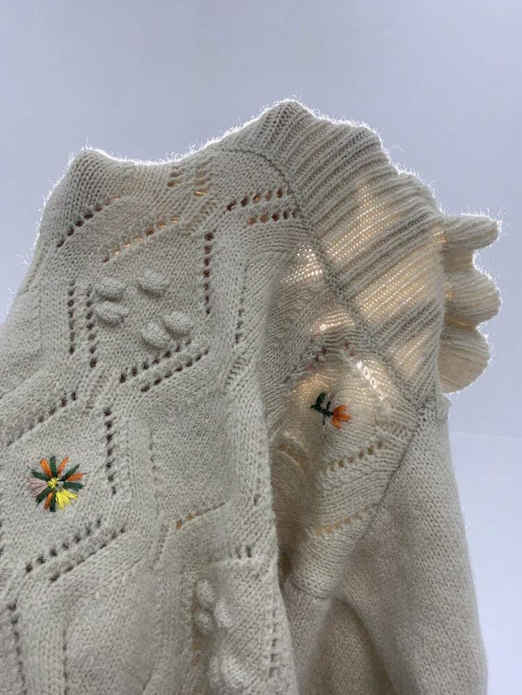 Floral Embroidery Ruffle Trim Crop Knit Pullover Fall Winter Sweater