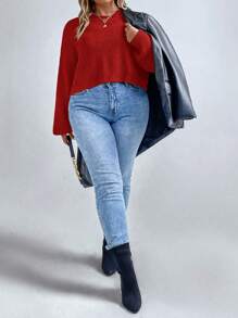 SHEIN LUNE Hơn Thả vai Đồ đan Ribbed Áo len - Đỏ - Xem 1