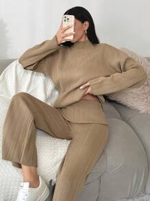 EURMUSE Mock Neck Drop Shoulder Sweater & Knit Pants - Camel - View 4