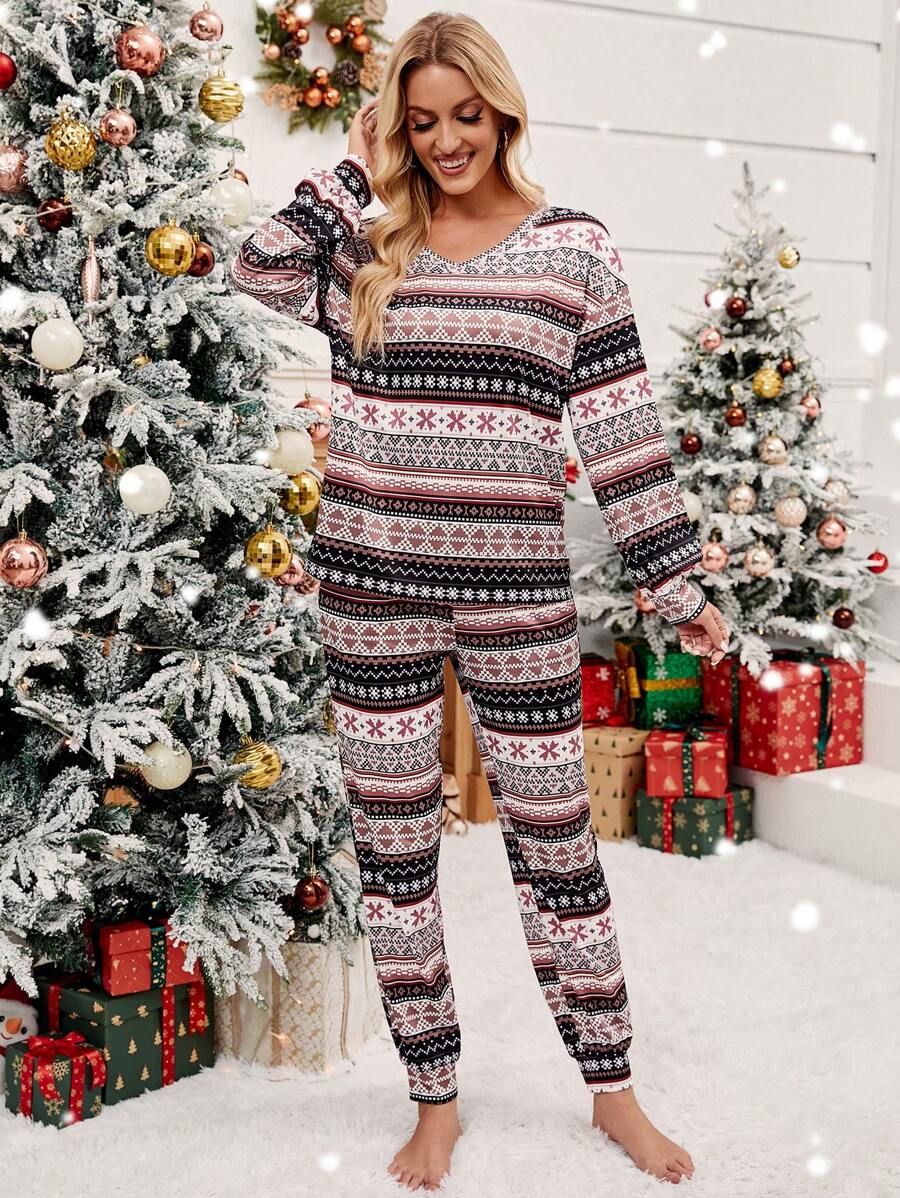 Chiquease Christmas Print Drop Shoulder Tee & Sweatpants - Multicolor - View 1